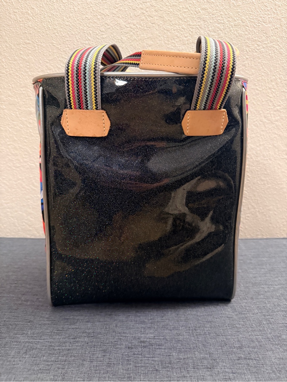 Consuela Black Glitter Tote Bag with Striped Handles